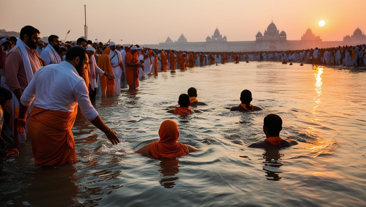 Pilgrims taking a sacred dip at Maha Kumbh Mela 2025 in Prayagraj.